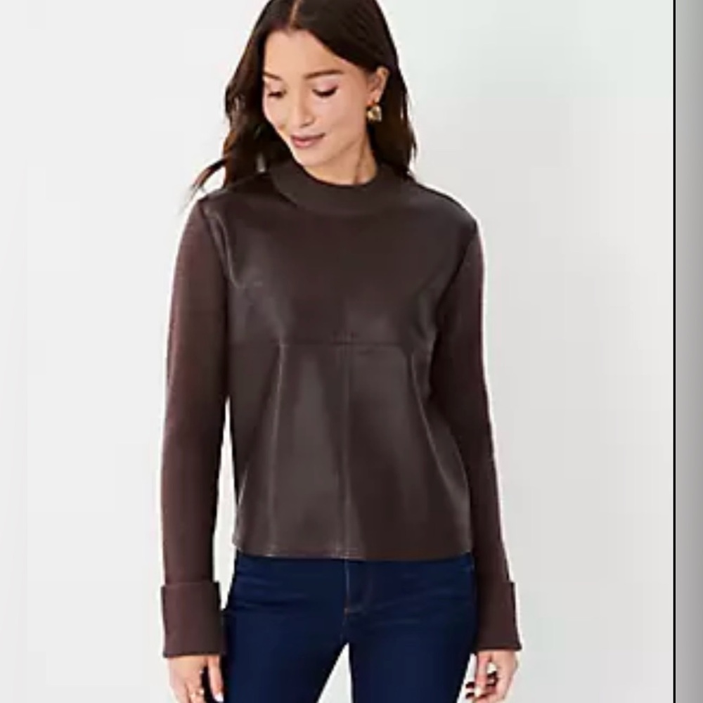 Ann Taylor Petite Faux Leather Mixed Media Sweater, NWT, size XSP